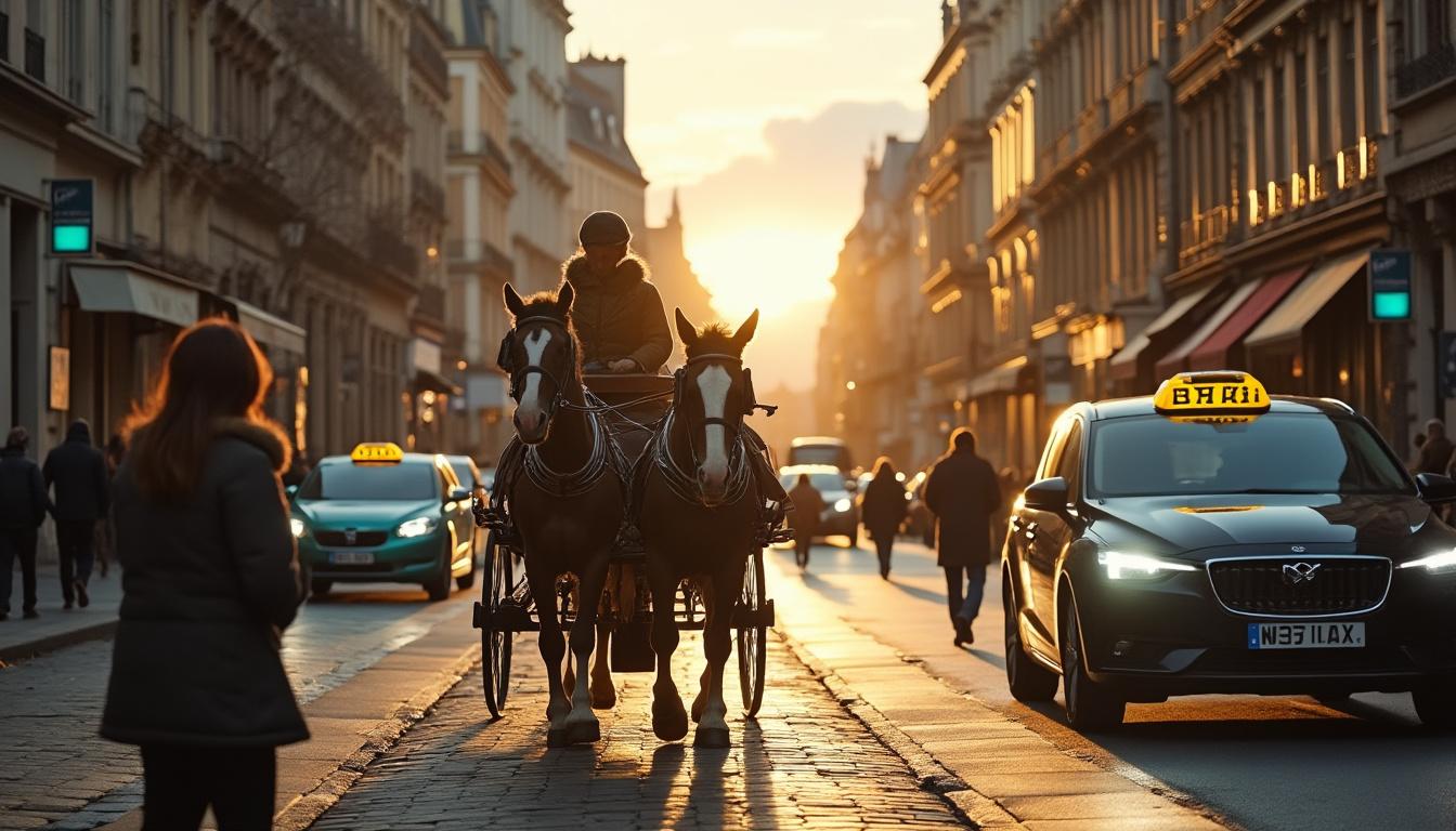 Illustration: L’évolution technique des taxis dans les grandes villes : du fiacre à l’électrique